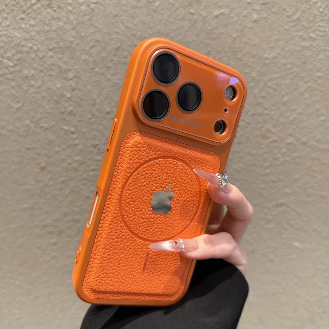 Large-view magnetic iPhone case with lychee pattern-orange