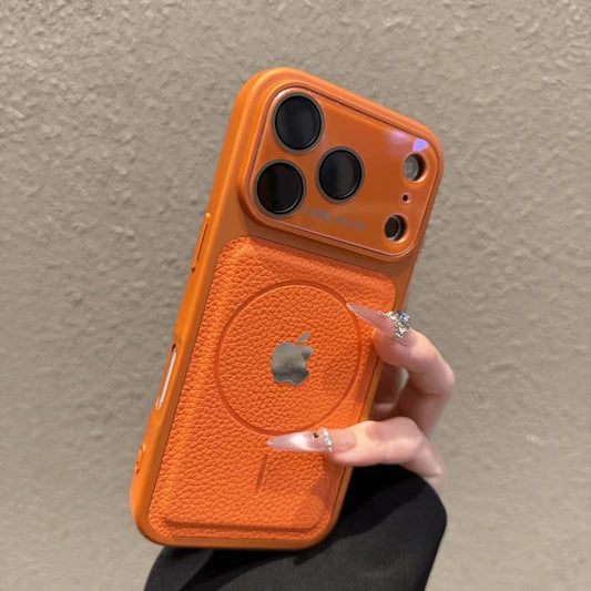 Large-view magnetic iPhone case with lychee pattern-orange