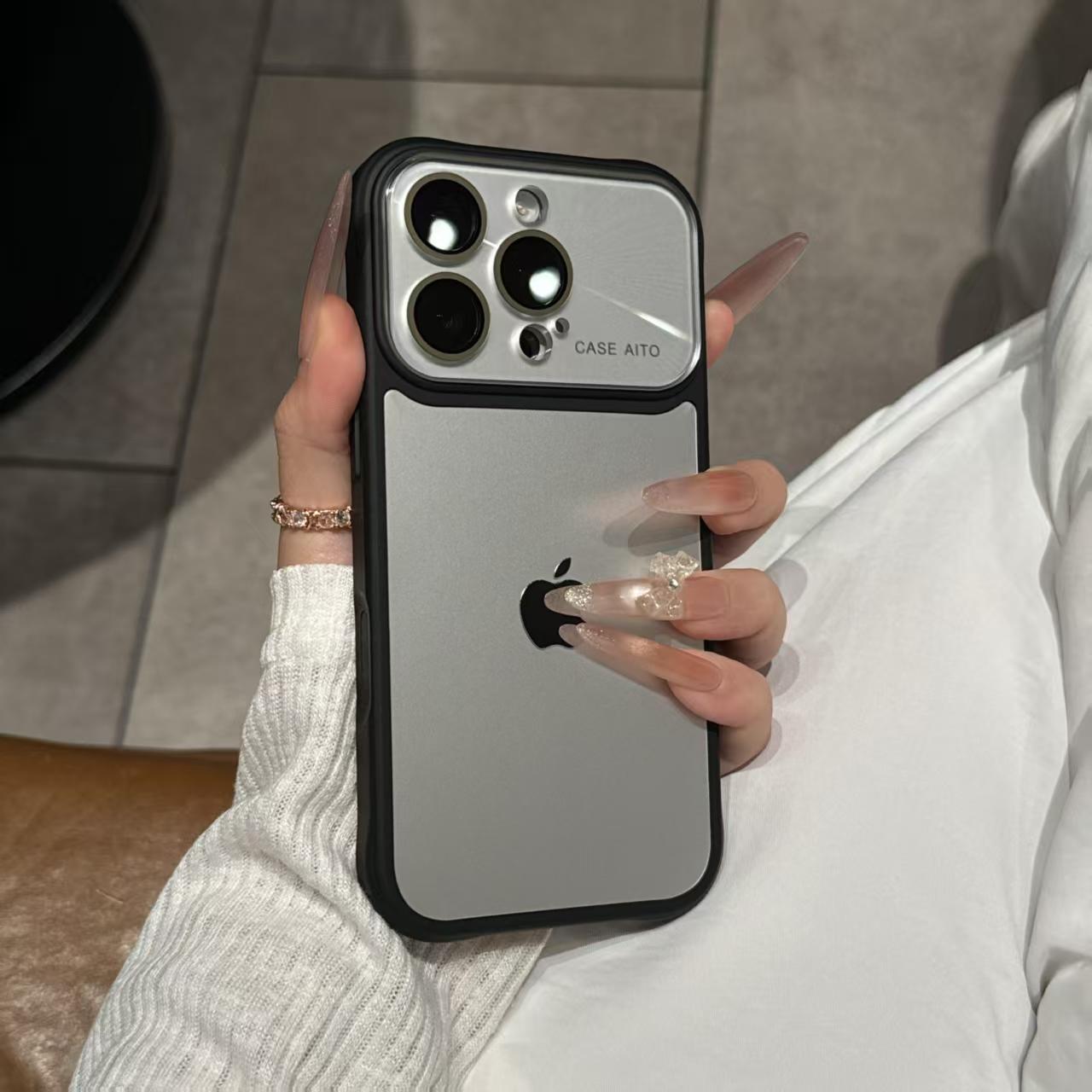 iPhone protective case with frosted corners and large display window.