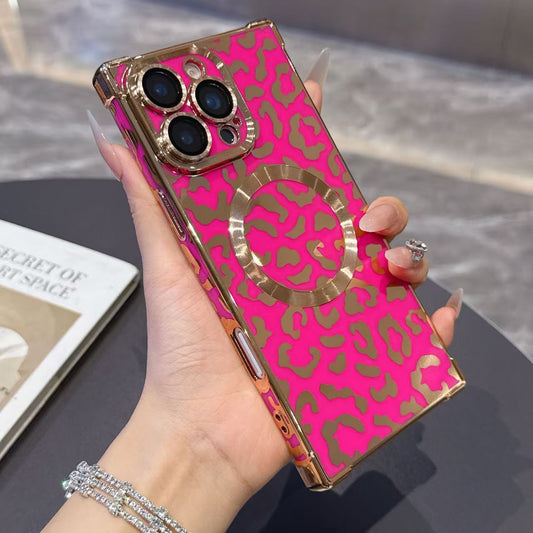 Luxury electroplating right angle leopard print magnetic iPhone case