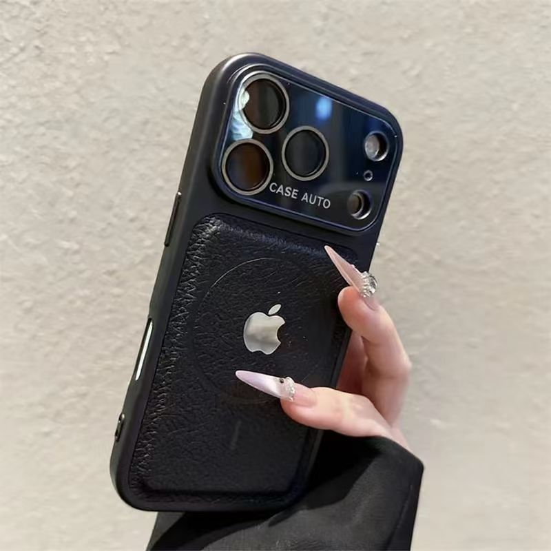 Large-view magnetic iPhone case with lychee pattern-orange