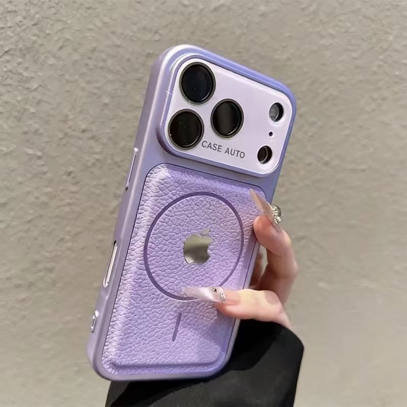 Large-view magnetic iPhone case with lychee pattern-orange